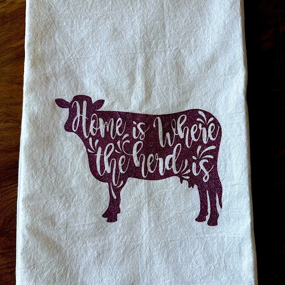 Handmade Custom Flower Sack Towel HTV Purple Cow Home is Where the Herd Is
